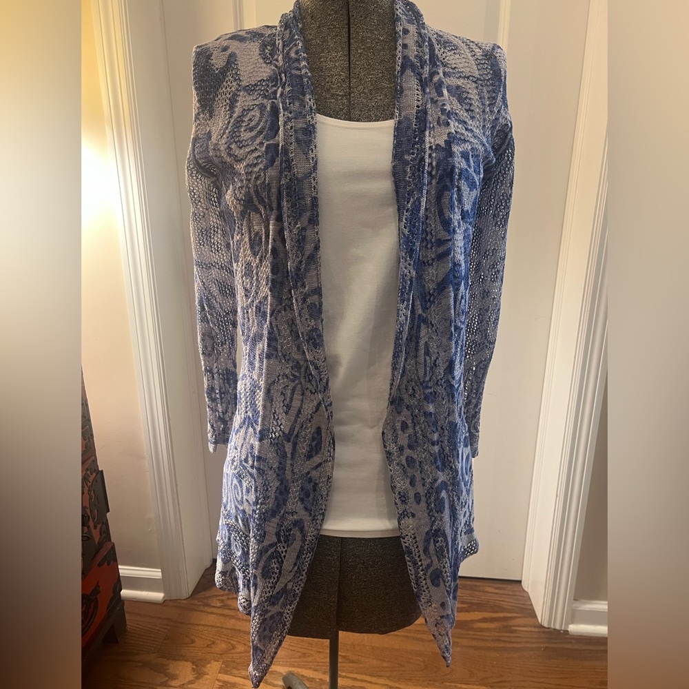 ALBERTO MAKALI DENIM BLUE AND GRAY SHEER MESH PATTERNED CARDIGAN SZ: M NWT$185